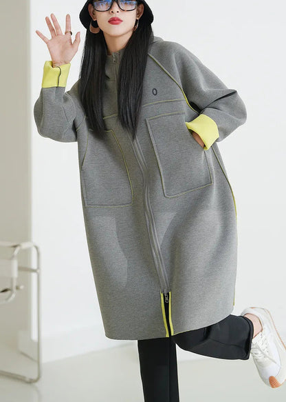 Italian Grey Hooded Pockets Side Open Cotton Coats Fall Ada Fashion