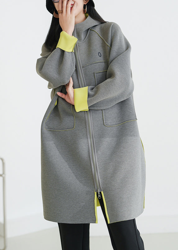 Italian Grey Hooded Pockets Side Open Cotton Coats Fall Ada Fashion