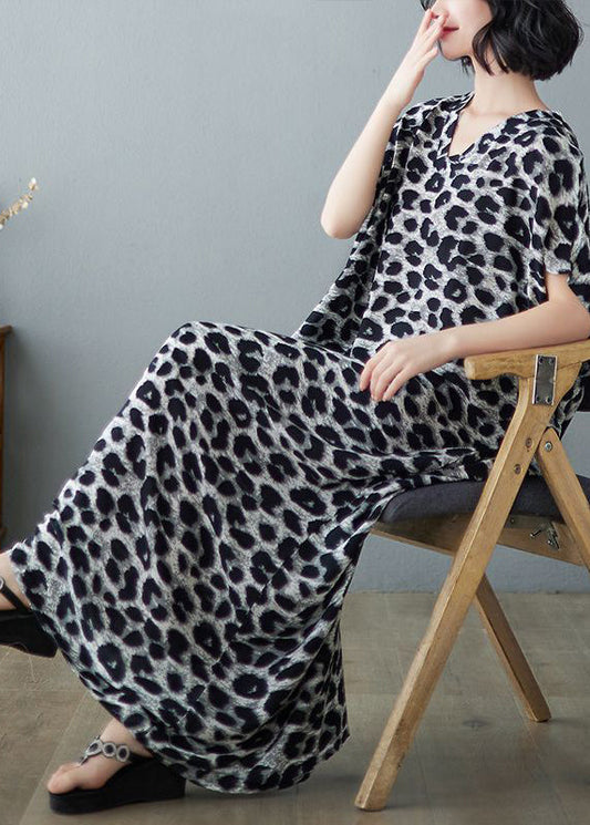 Italian Grey Leopard Print Oversized Linen Maxi Dress Summer LY0893 - fabuloryshop