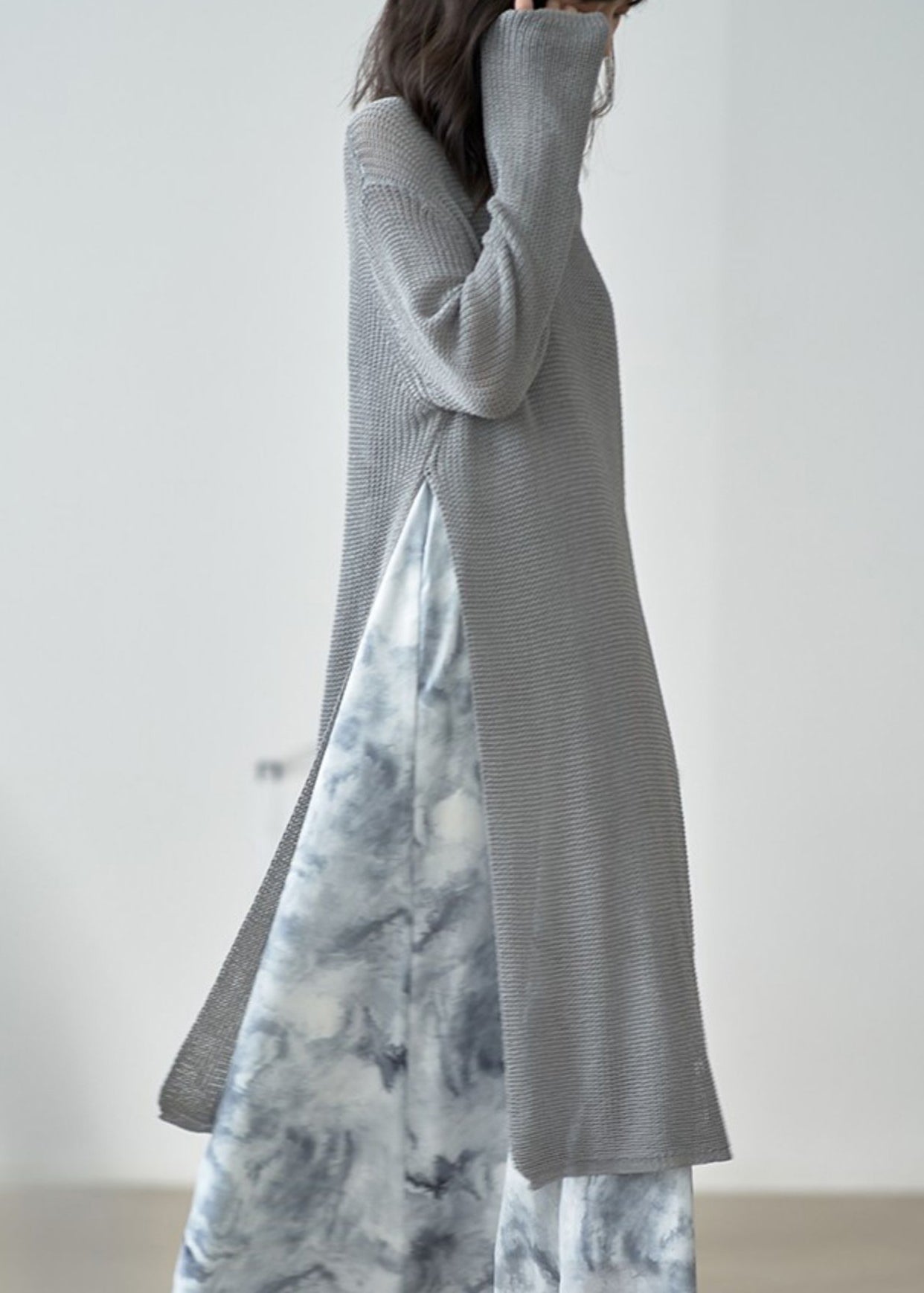 Grey O Neck Side Open Patchwork Knit Dress