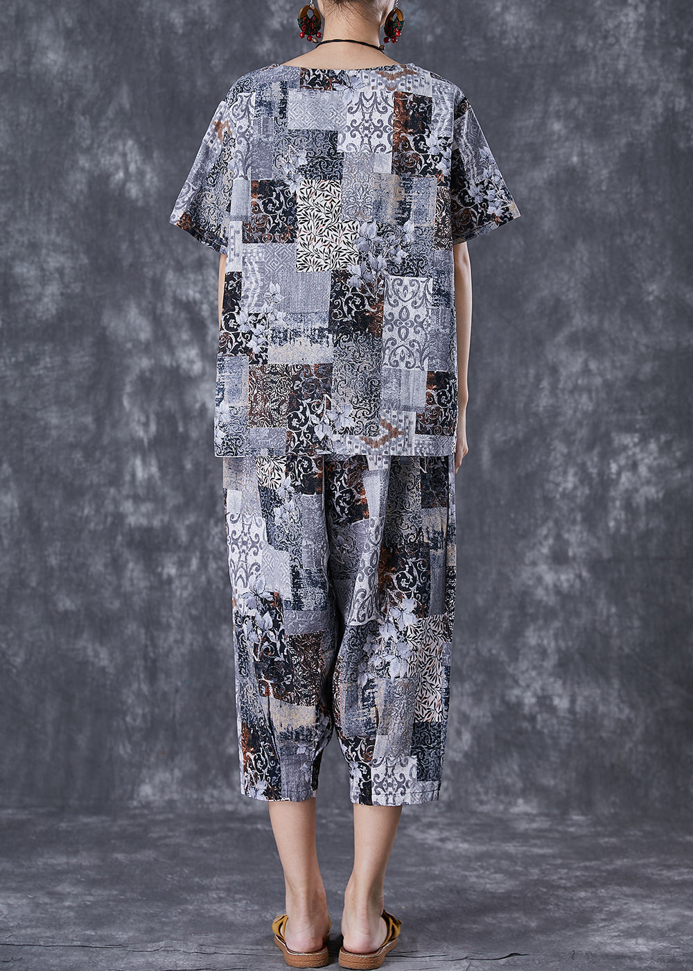 Italian Grey Oversized Print Linen Two Pieces Set Summer TD1012 - fabuloryshop