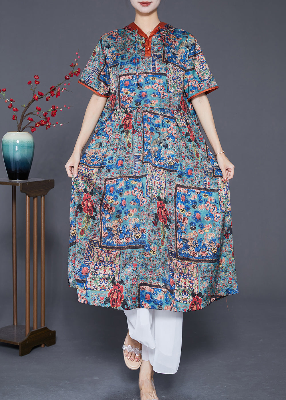 Italian Hooded Drawstring Print Silk Dress Summer Ada Fashion