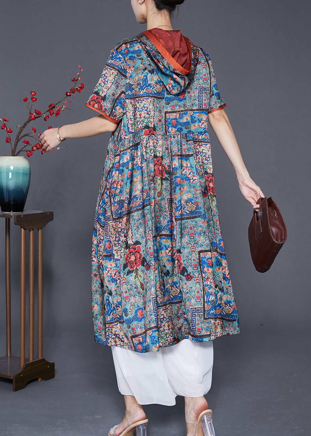 Italian Hooded Drawstring Print Silk Dress Summer Ada Fashion