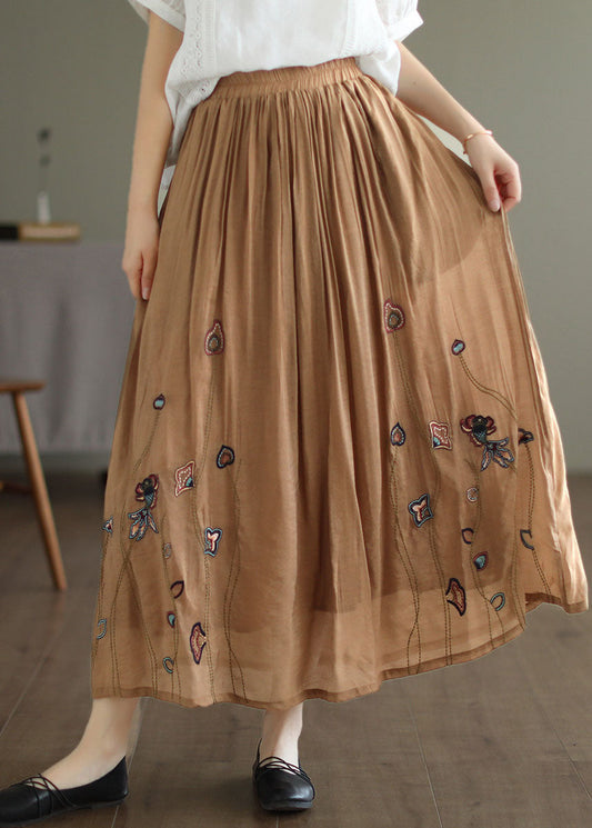 Italian Khaki Embroideried Exra Large Hem Linen Silk Skirts Spring TG1027 - fabuloryshop