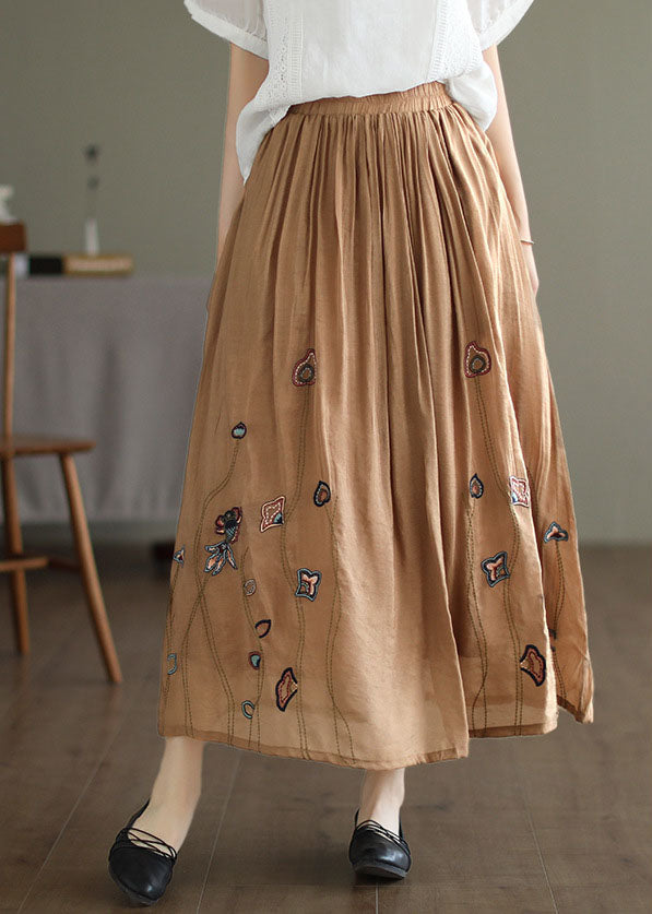 Italian Khaki Embroideried Exra Large Hem Linen Silk Skirts Spring TG1027 - fabuloryshop