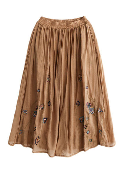 Italian Khaki Embroideried Exra Large Hem Linen Silk Skirts Spring TG1027 - fabuloryshop