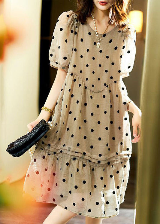 Italian Khaki O Neck Ruffled Dot Patchwork Chiffon Dresses Summer LY3817 - fabuloryshop