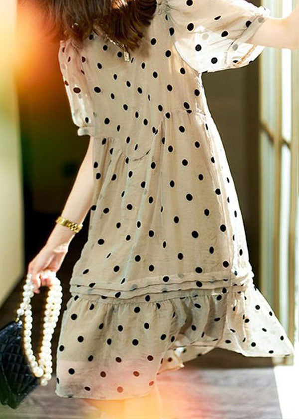 Italian Khaki O Neck Ruffled Dot Patchwork Chiffon Dresses Summer LY3817 - fabuloryshop