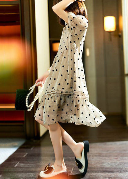 Italian Khaki O Neck Ruffled Dot Patchwork Chiffon Dresses Summer LY3817 - fabuloryshop