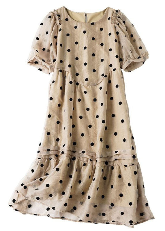 Italian Khaki O Neck Ruffled Dot Patchwork Chiffon Dresses Summer LY3817 - fabuloryshop