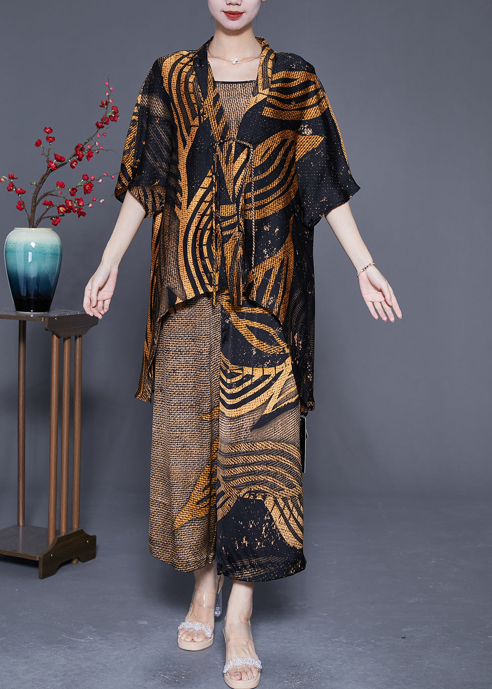 Italian Khaki Oversized Print Tassel Silk Three Piece Set Outfits Summer LY4817 - fabuloryshop