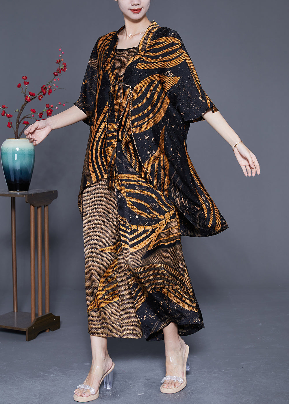 Italian Khaki Oversized Print Tassel Silk Three Piece Set Outfits Summer LY4817 - fabuloryshop