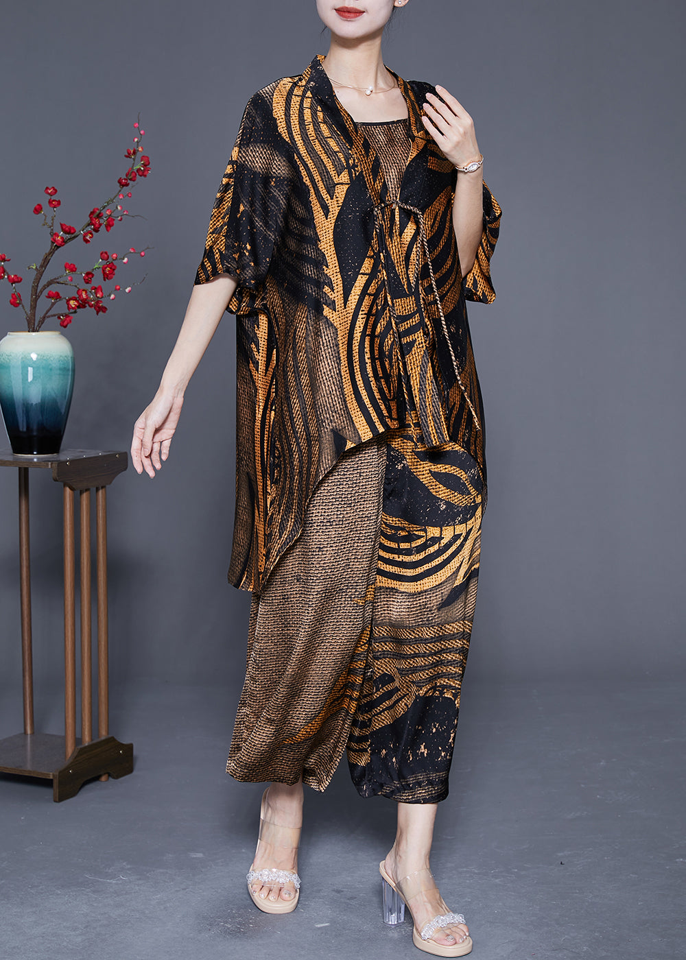 Italian Khaki Oversized Print Tassel Silk Three Piece Set Outfits Summer LY4817 - fabuloryshop