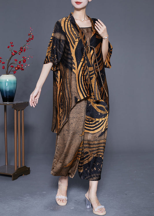 Italian Khaki Oversized Print Tassel Silk Three Piece Set Outfits Summer LY4817 - fabuloryshop