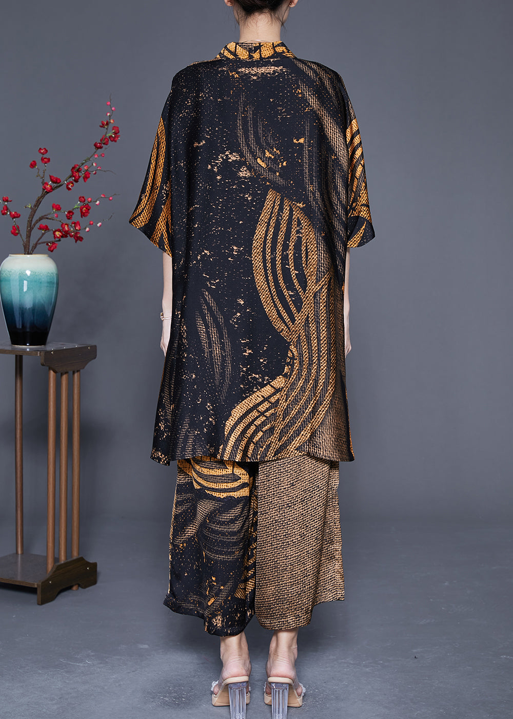 Italian Khaki Oversized Print Tassel Silk Three Piece Set Outfits Summer LY4817 - fabuloryshop