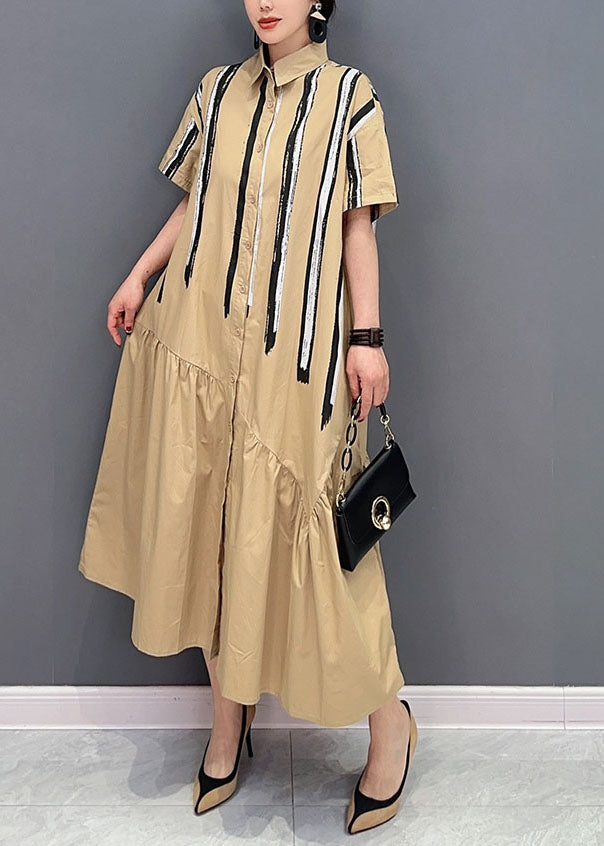 Italian Khaki Peter Pan Collar Patchwork Cotton Shirt Dress Summer LY0575 - fabuloryshop