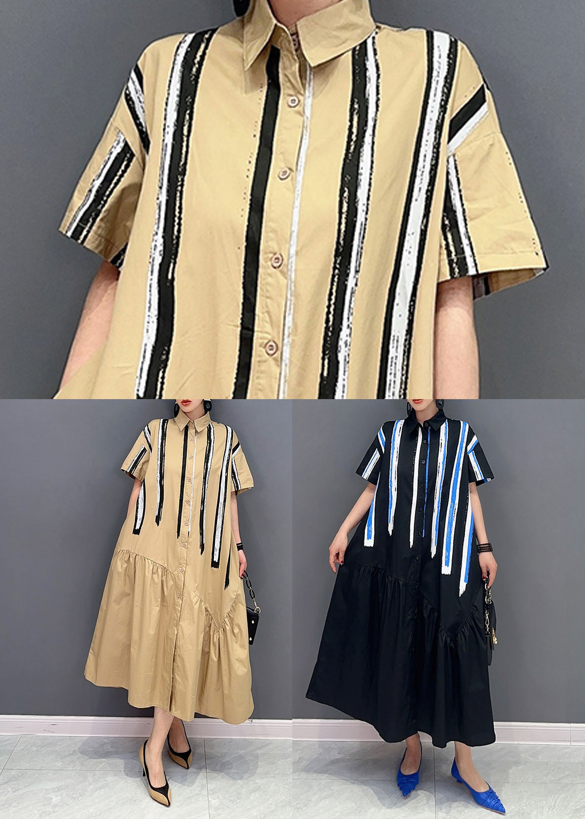 Italian Khaki Peter Pan Collar Patchwork Cotton Shirt Dress Summer LY0575 - fabuloryshop