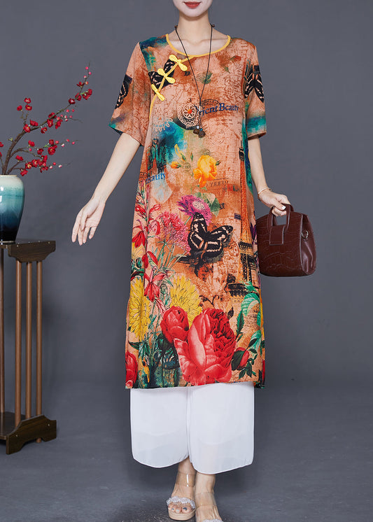 Italian Khaki Print Chinese Button Silk A Line Dress Summer LY7668