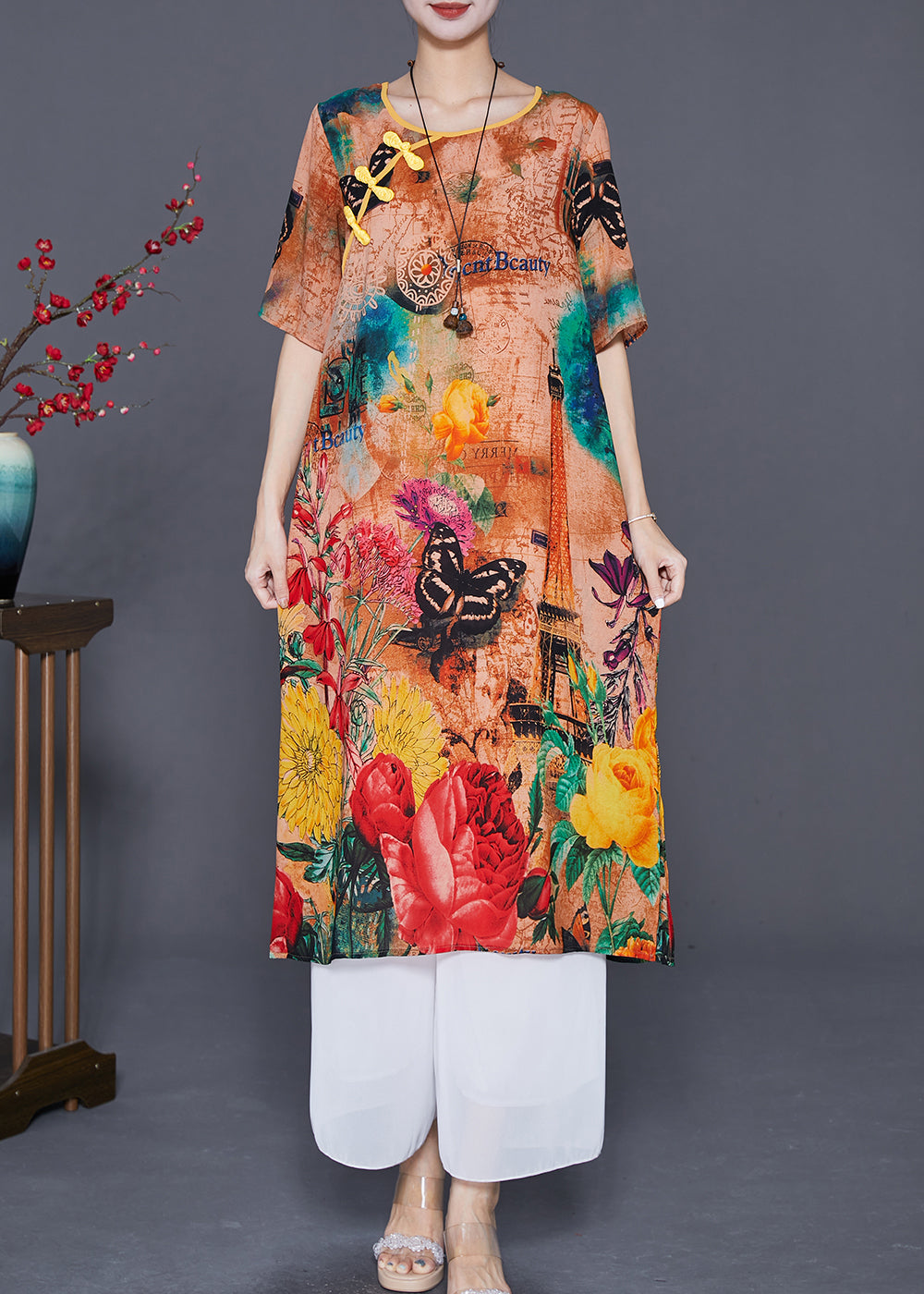 Italian Khaki Print Chinese Button Silk A Line Dress Summer LY7668
