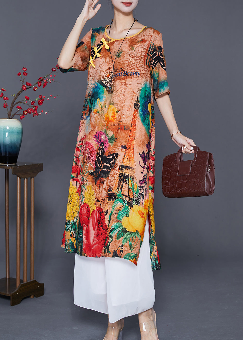 Italian Khaki Print Chinese Button Silk A Line Dress Summer LY7668