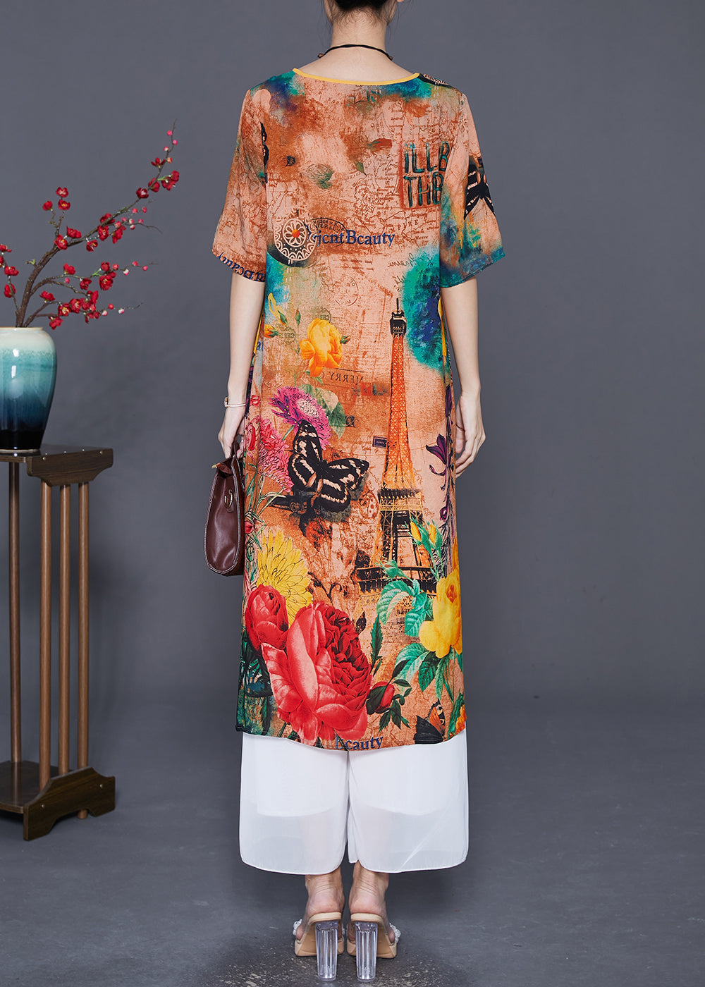 Italian Khaki Print Chinese Button Silk A Line Dress Summer LY7668