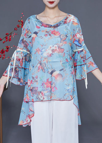 Italian Light Blue Asymmetrical Design Print Chiffon Tops Flare Sleeve LY2413 - fabuloryshop