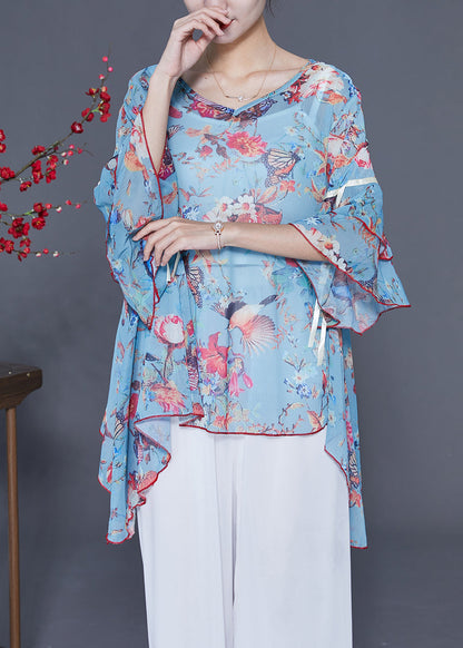 Italian Light Blue Asymmetrical Design Print Chiffon Tops Flare Sleeve LY2413 - fabuloryshop