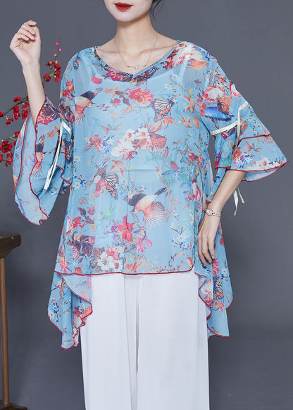 Italian Light Blue Asymmetrical Design Print Chiffon Tops Flare Sleeve LY2413 - fabuloryshop