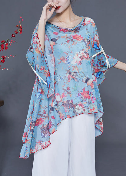 Italian Light Blue Asymmetrical Design Print Chiffon Tops Flare Sleeve LY2413 - fabuloryshop