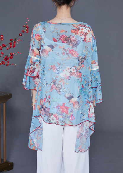 Italian Light Blue Asymmetrical Design Print Chiffon Tops Flare Sleeve LY2413 - fabuloryshop