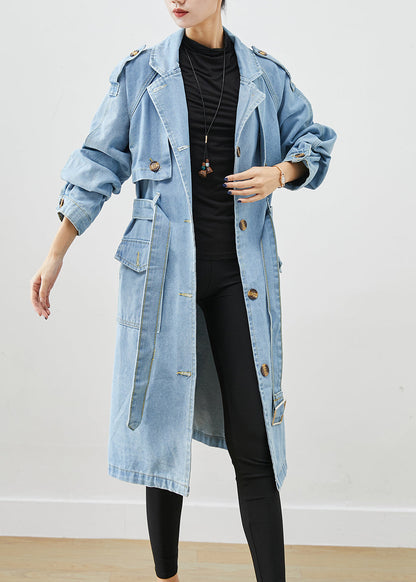 Italian Light Blue Notched Tie Waist Denim Trench Coat Fall Ada Fashion