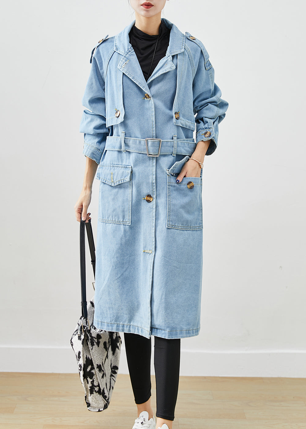 Italian Light Blue Notched Tie Waist Denim Trench Coat Fall Ada Fashion