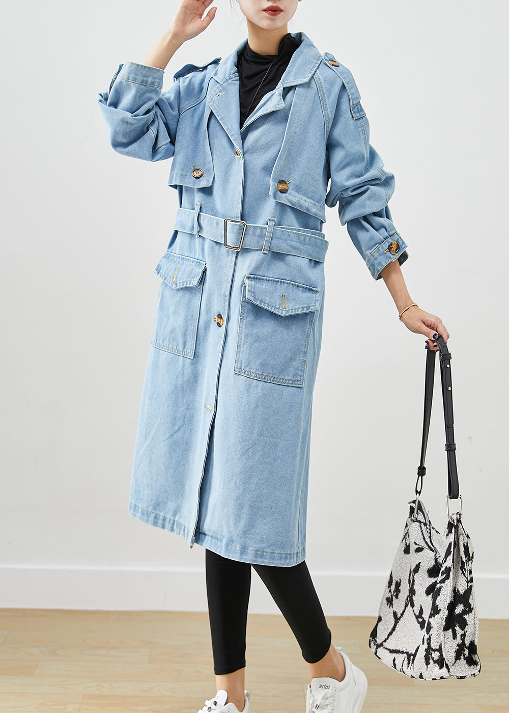 Italian Light Blue Notched Tie Waist Denim Trench Coat Fall Ada Fashion