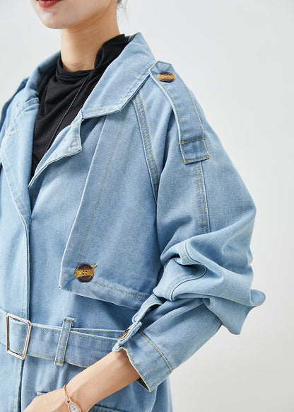 Italian Light Blue Notched Tie Waist Denim Trench Coat Fall Ada Fashion