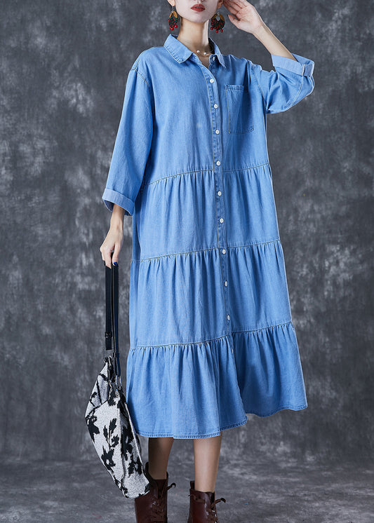 Italian Light Blue Oversized Patchwork Ruffles Cotton Long Dress Fall Ada Fashion