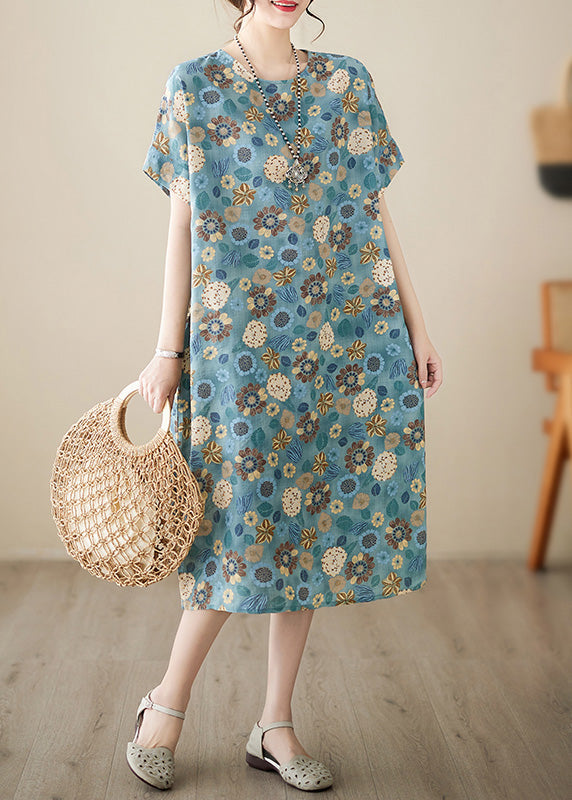 Italian Light Blue Print Cotton Party Long Dress Summer LY6070 - fabuloryshop