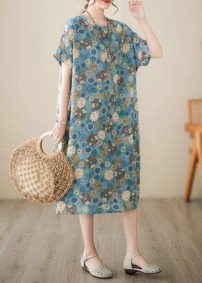 Italian Light Blue Print Cotton Party Long Dress Summer LY6070 - fabuloryshop