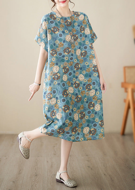 Italian Light Blue Print Cotton Party Long Dress Summer LY6070 - fabuloryshop