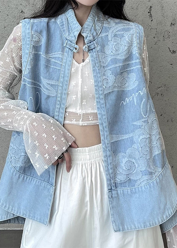 Italian Light Blue Stand Collar Print Patchwork Denim Waistcoat Fall Ada Fashion