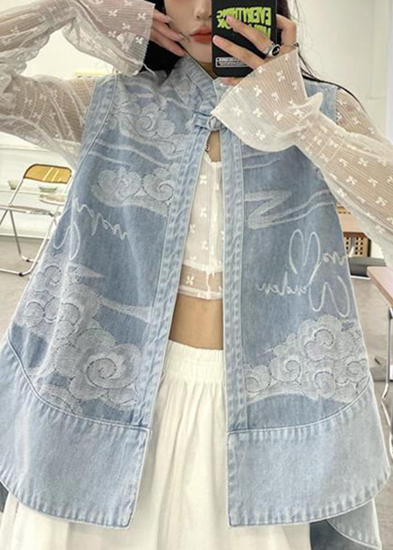 Italian Light Blue Stand Collar Print Patchwork Denim Waistcoat Fall Ada Fashion