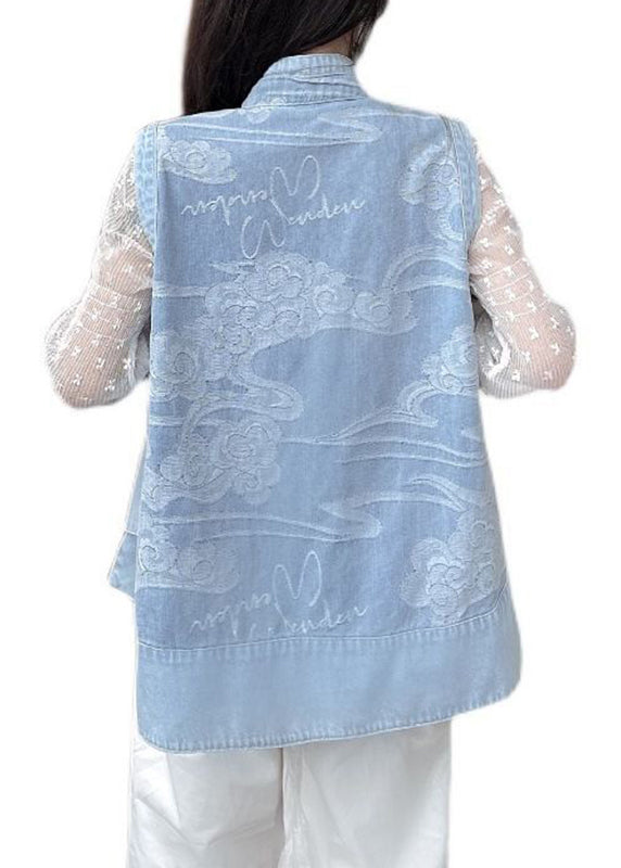 Italian Light Blue Stand Collar Print Patchwork Denim Waistcoat Fall Ada Fashion