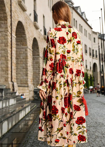 Italian Light Yellow Turtleneck Print Wrinkled Silk Velour Maxi Dress Long Sleeve Ada Fashion