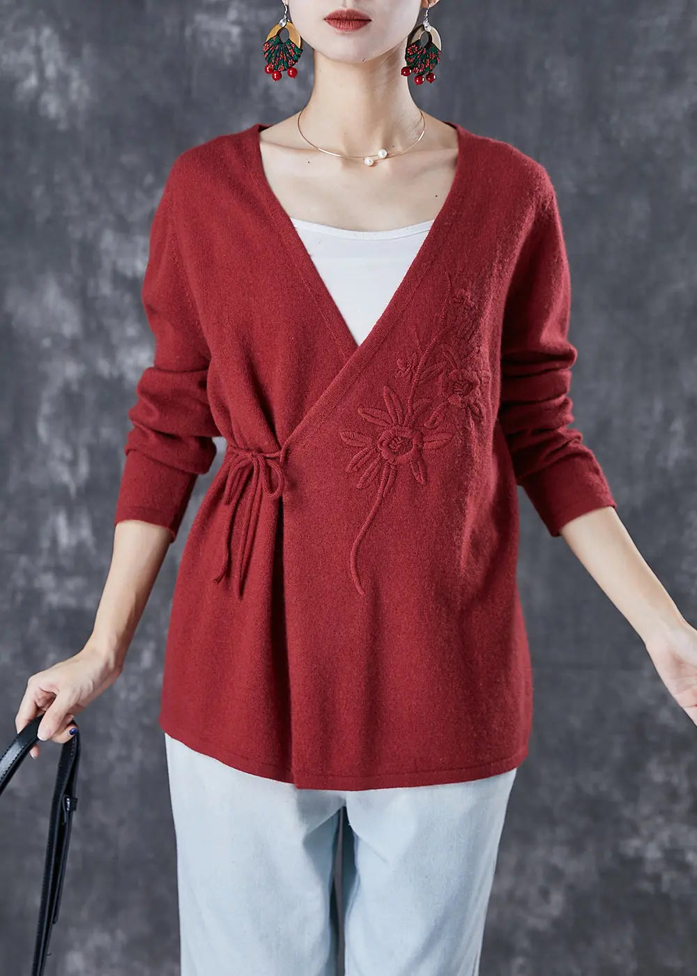 Italian Mulberry Embroideried Tie Waist Wool Knit Cardigan Winter Ada Fashion