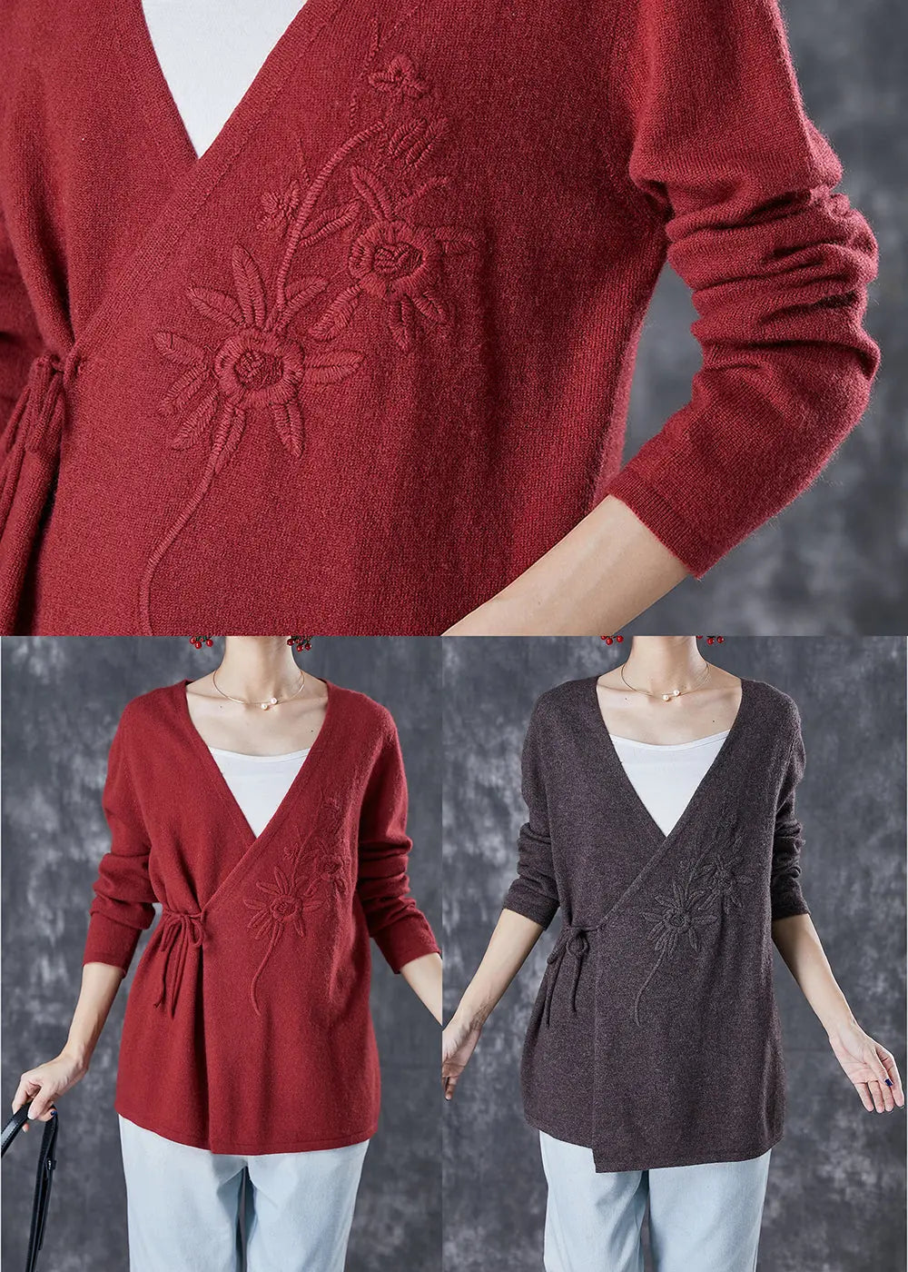 Italian Mulberry Embroideried Tie Waist Wool Knit Cardigan Winter Ada Fashion