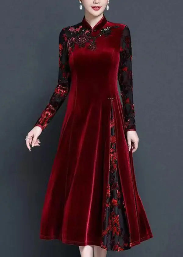 Italian Mulberry Stand Collar Embroideried Patchwork Velour Dress Fall Ada Fashion