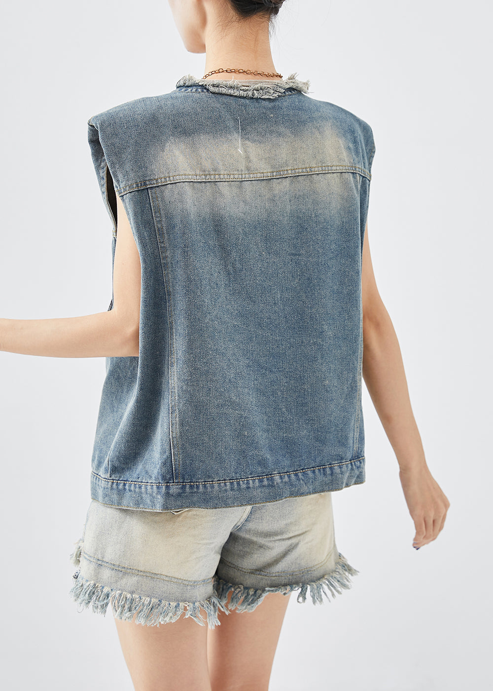 Italian Navy Asymmetrical Pockets Denim Vest Top Fall Ada Fashion