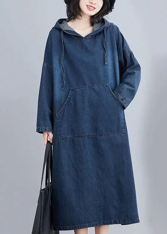 Italian Navy Hooded Oversized Denim Sweatshirt Dress Summer Ada Fashion