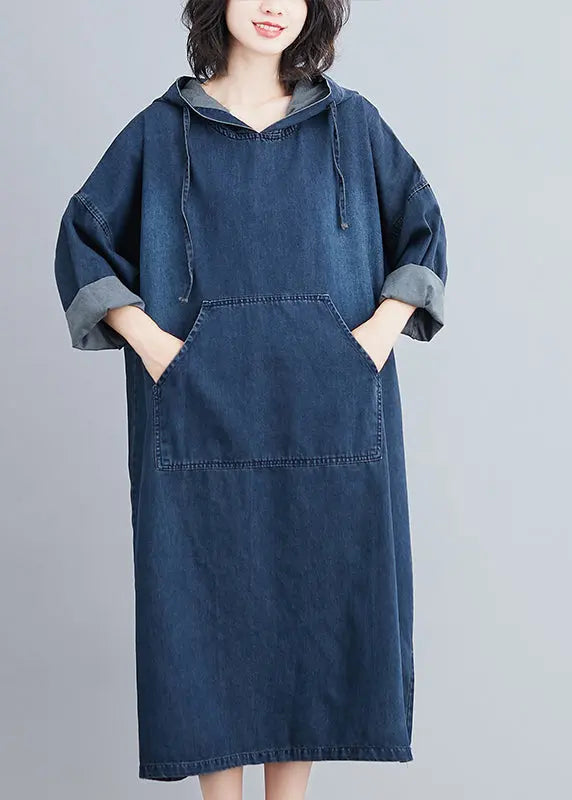 Italian Navy Hooded Oversized Denim Sweatshirt Dress Summer Ada Fashion