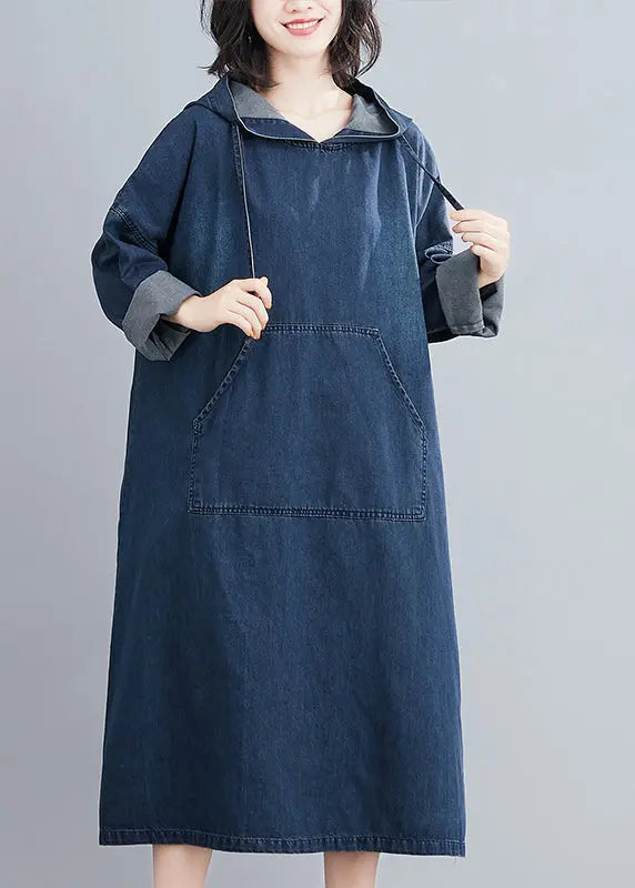 Italian Navy Hooded Oversized Denim Sweatshirt Dress Summer Ada Fashion