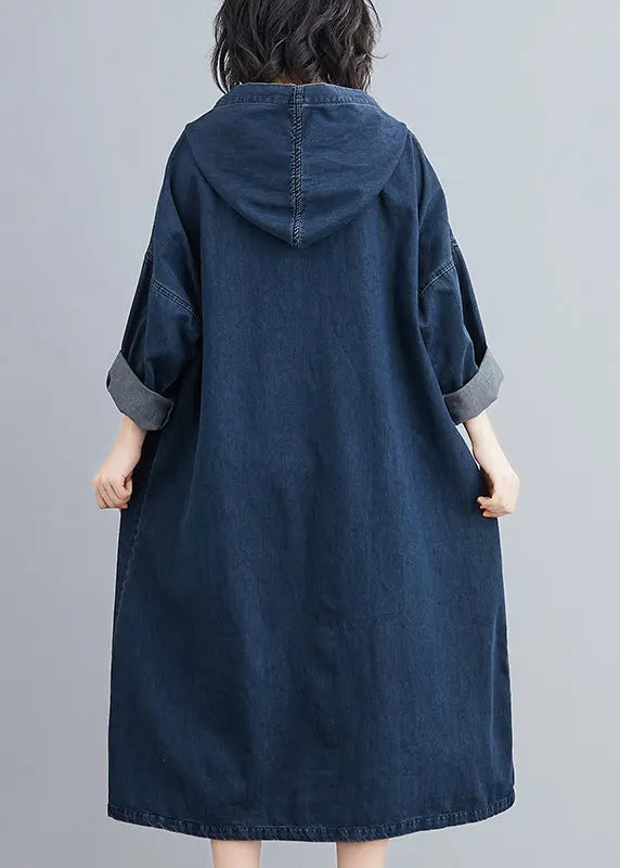 Italian Navy Hooded Oversized Denim Sweatshirt Dress Summer Ada Fashion